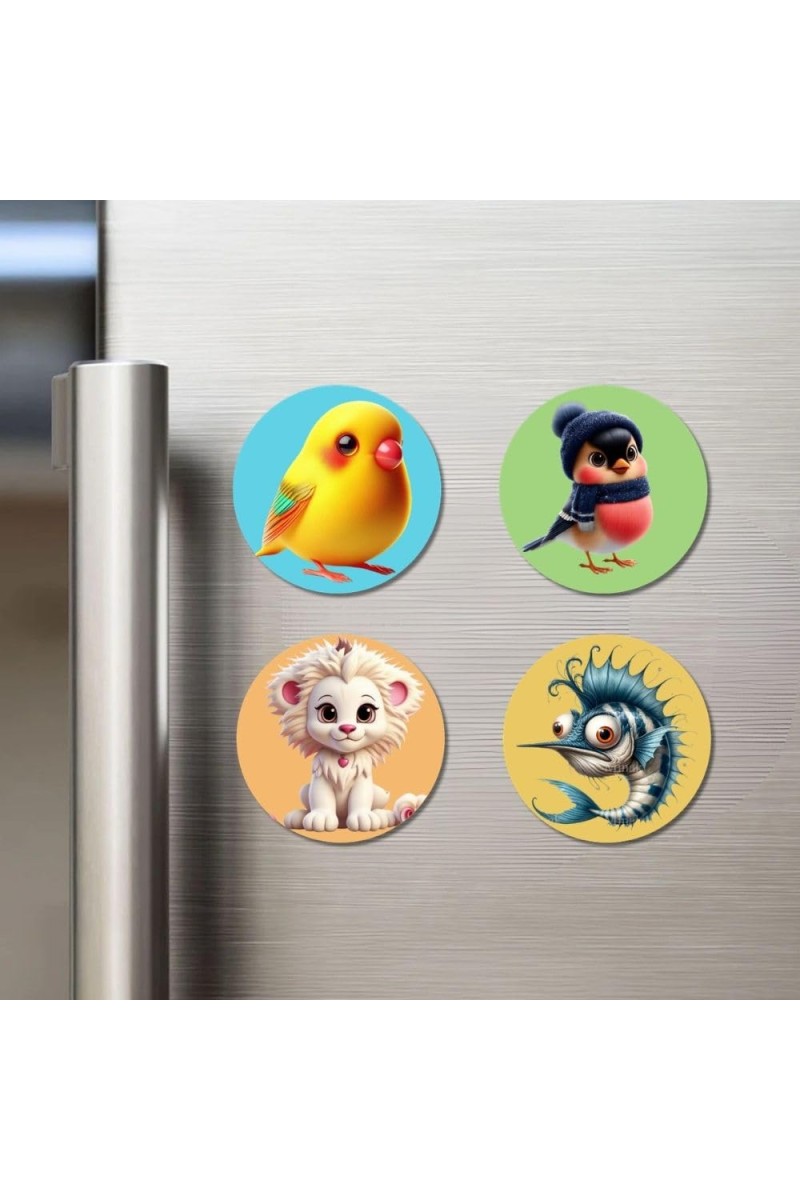 Chick, Bird, Lion, and Swordfish Fridge Magnets 4 Piece Set | 3 Inch Round Wall Fridge Decor (F22891)
