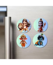 Durga, Shiva, Ganesha, Krishna Fridge Magnets 4 Piece Set | 3 Inch Round Wall Fridge Decor (F23173)
