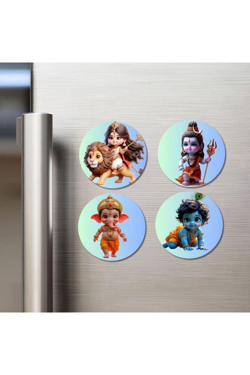 Durga, Shiva, Ganesha, Krishna Fridge Magnets 4 Piece Set | 3 Inch Round Wall Fridge Decor (F23173)
