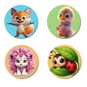 Fox, Duckling, Lion, and Ladybug. Fridge Magnets 4 Piece Set | 3 Inch Round Wall Fridge Decor (F22887) Fox, Duckling, Lion, and Ladybug. Fridge Magnets 4 Piece Set | 3 Inch Round Wall Fridge Decor (F22887)