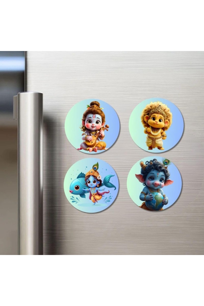 Hanuman, Matsya (Vishnu), Krishna Fridge Magnets 4 Piece Set | 3 Inch Round Wall Fridge Decor (F23257)