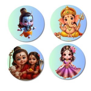Ganesha, Shiva, Rama, and Krishna. Fridge Magnets 4 Piece Set | 3 Inch Round Wall Fridge Decor (F22808)