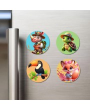 Rhino, Turtle, Toucan, and Fox. Fridge Magnets 4 Piece Set | 3 Inch Round Wall Fridge Decor (F22927)