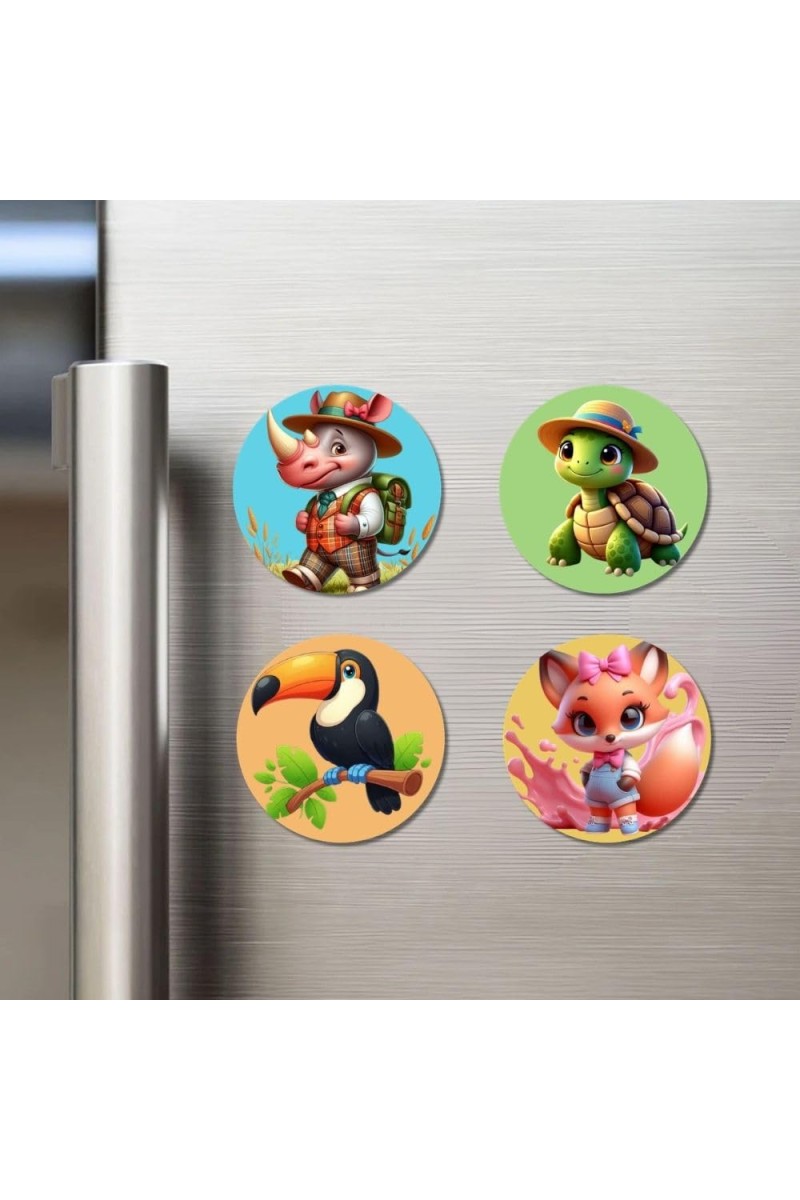 Rhino, Turtle, Toucan, and Fox. Fridge Magnets 4 Piece Set | 3 Inch Round Wall Fridge Decor (F22927)