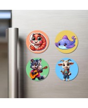 Shrimp, Stingray, Cat, and Goat. Fridge Magnets 4 Piece Set | 3 Inch Round Wall Fridge Decor (F23013)