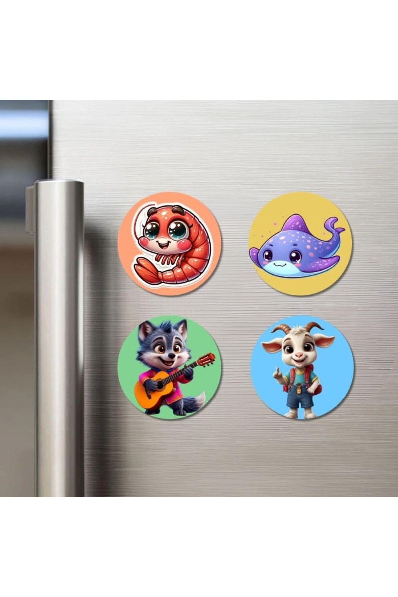 Shrimp, Stingray, Cat, and Goat. Fridge Magnets 4 Piece Set | 3 Inch Round Wall Fridge Decor (F23013)