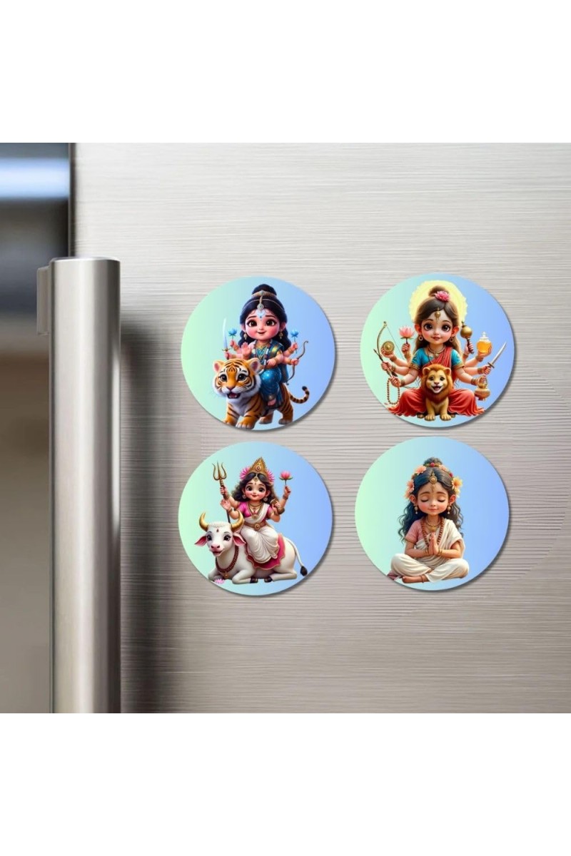 Durga, Mahagauri, and Parvati. Fridge Magnets 4 Piece Set | 3 Inch Round Wall Fridge Decor (F23209)
