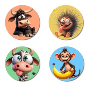 Bull, Hedgehog, Cow, and Monkey. Fridge Magnets 4 Piece Set | 3 Inch Round Wall Fridge Decor (F23008)