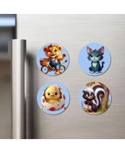Lion, Cat, Chick, and Skunk. Fridge Magnets 4 Piece Set | 3 Inch Round Wall Fridge Decor (F23137)