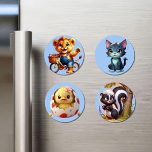 Lion, Cat, Chick, and Skunk. Fridge Magnets 4 Piece Set | 3 Inch Round Wall Fridge Decor (F23137)