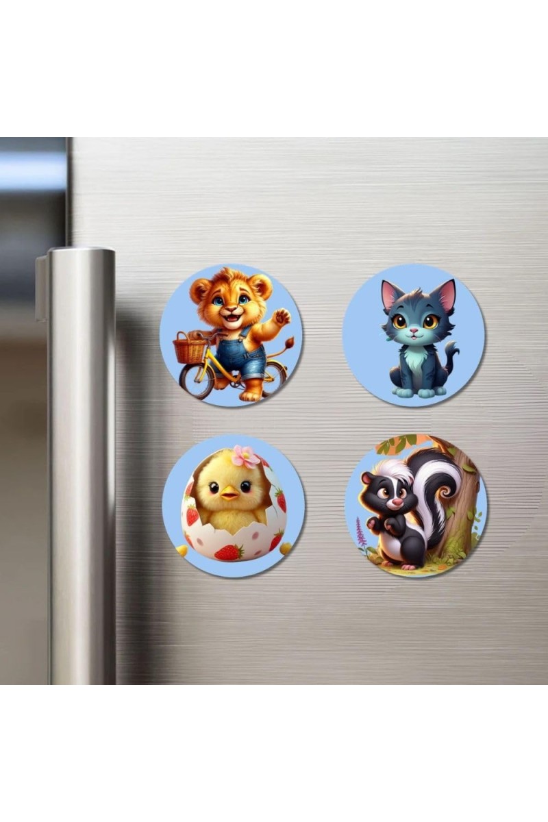 Lion, Cat, Chick, and Skunk. Fridge Magnets 4 Piece Set | 3 Inch Round Wall Fridge Decor (F23137)
