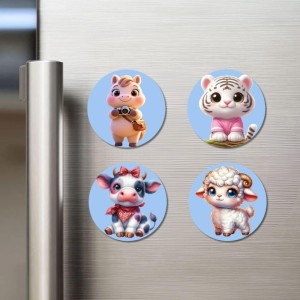 Horse, White Tiger, Calf, Lamb Fridge Magnets 4 Piece Set | 3 Inch Round Wall Fridge Decor (F23159)