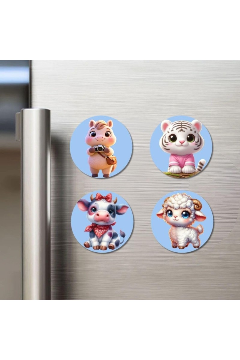 Horse, White Tiger, Calf, Lamb Fridge Magnets 4 Piece Set | 3 Inch Round Wall Fridge Decor (F23159)