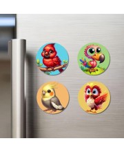 Cardinal, Parrot, Cockatiel, and Phoenix. Fridge Magnets 4 Piece Set | 3 Inch Round Wall Fridge Decor (F22924)