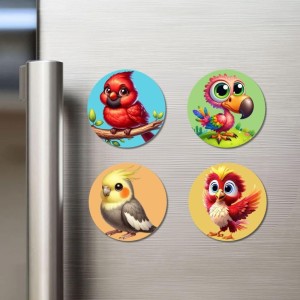 Cardinal, Parrot, Cockatiel, and Phoenix. Fridge Magnets 4 Piece Set | 3 Inch Round Wall Fridge Decor (F22924)