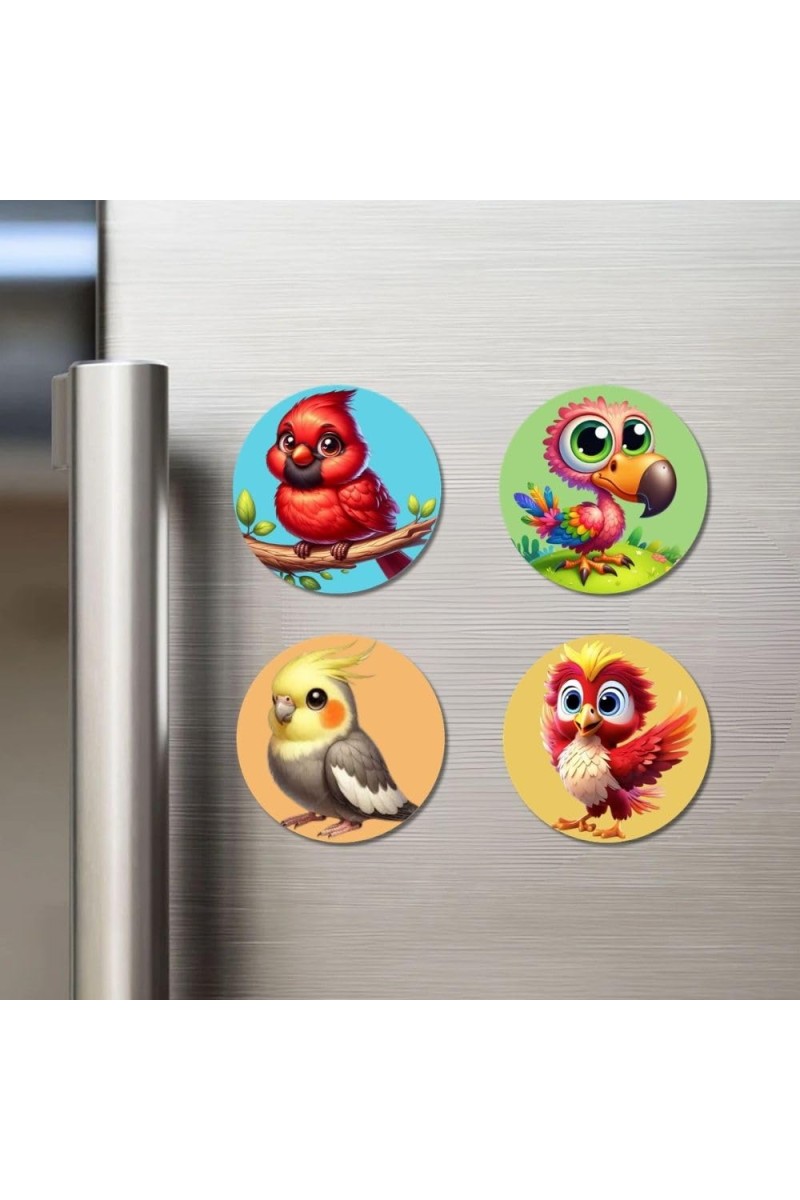 Cardinal, Parrot, Cockatiel, and Phoenix. Fridge Magnets 4 Piece Set | 3 Inch Round Wall Fridge Decor (F22924)