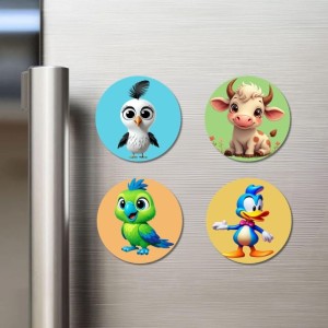 Goat, Parrot, Duck and Penguin Fridge Magnets 4 Piece Set | 3 Inch Round Wall Fridge Decor (F22892)