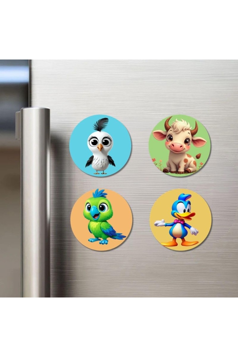 Goat, Parrot, Duck and Penguin Fridge Magnets 4 Piece Set | 3 Inch Round Wall Fridge Decor (F22892)