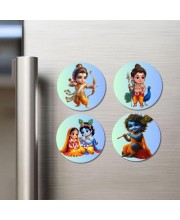 Rama, Kartikeya, Radha, and Krishna. Fridge Magnets 4 Piece Set | 3 Inch Round Wall Fridge Decor (F22839)