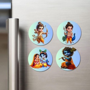 Rama, Kartikeya, Radha, and Krishna. Fridge Magnets 4 Piece Set | 3 Inch Round Wall Fridge Decor (F22839)