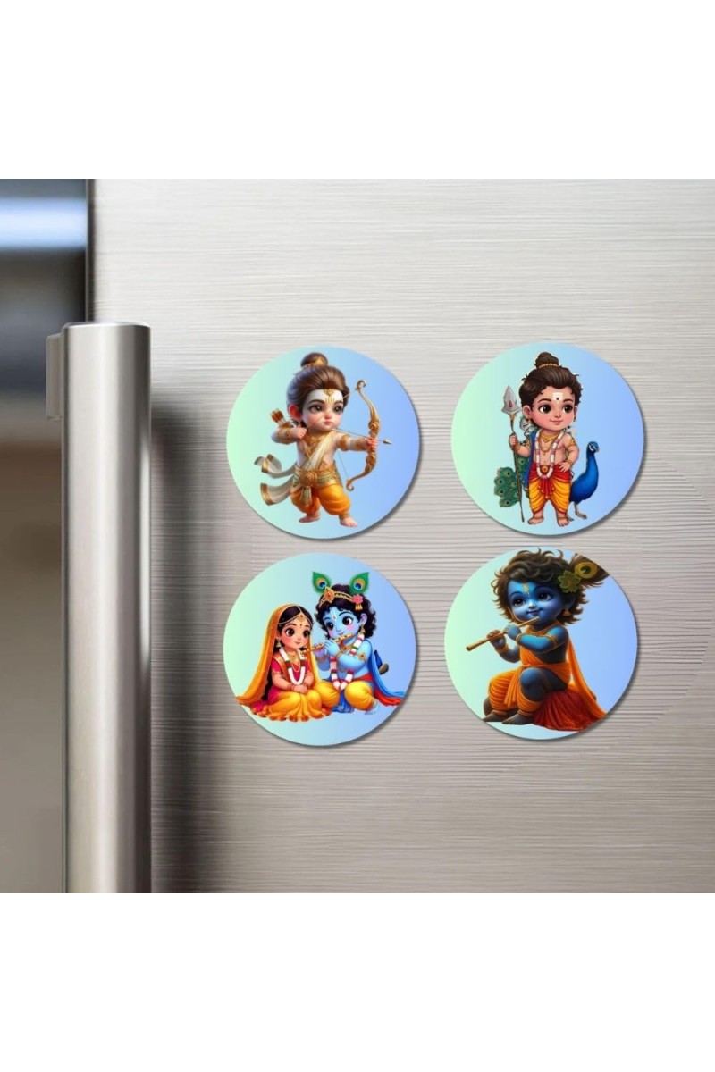 Rama, Kartikeya, Radha, and Krishna. Fridge Magnets 4 Piece Set | 3 Inch Round Wall Fridge Decor (F22839)