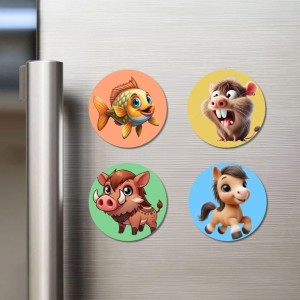 Fish, Rat, Boar, and Horse. Fridge Magnets 4 Piece Set | 3 Inch Round Wall Fridge Decor (F23007)