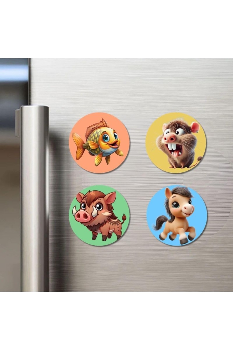 Fish, Rat, Boar, and Horse. Fridge Magnets 4 Piece Set | 3 Inch Round Wall Fridge Decor (F23007)