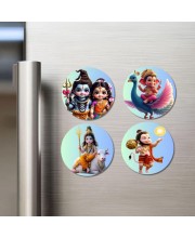Shiva-Parvati, Ganesha, Shiva, Hanuman Fridge Magnets 4 Piece Set | 3 Inch Round Wall Fridge Decor (F23179)