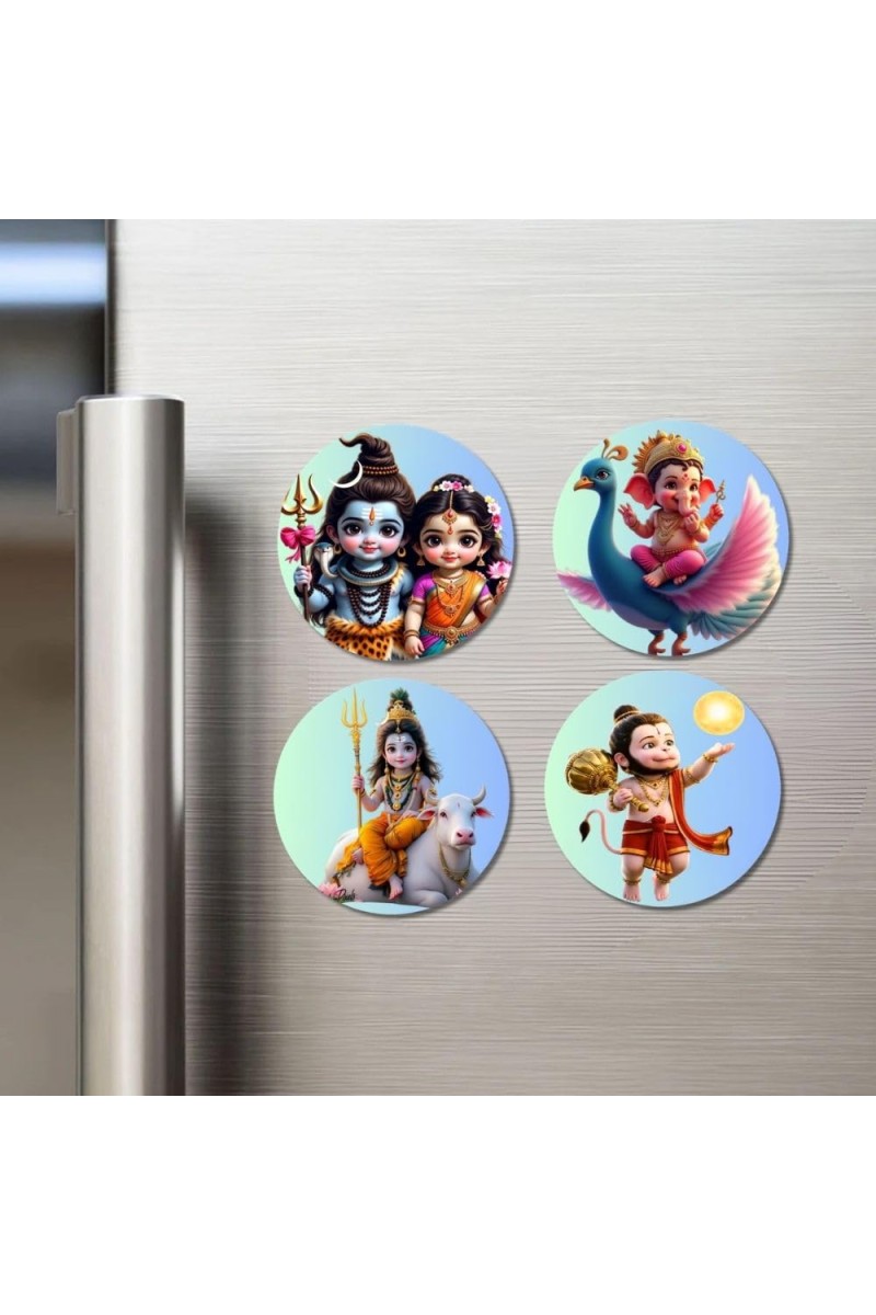 Shiva-Parvati, Ganesha, Shiva, Hanuman Fridge Magnets 4 Piece Set | 3 Inch Round Wall Fridge Decor (F23179)