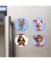 Cat, Pig, Bat, and Deer. Fridge Magnets 4 Piece Set | 3 Inch Round Wall Fridge Decor (F23073)