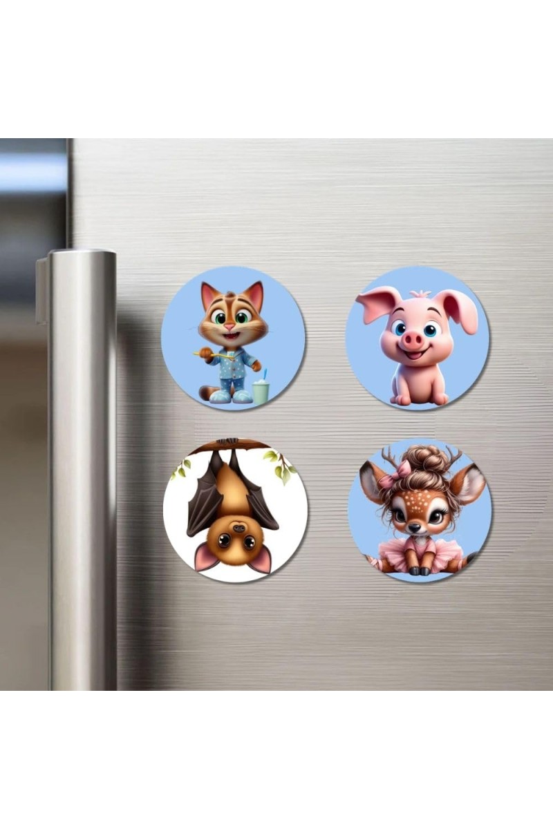 Cat, Pig, Bat, and Deer. Fridge Magnets 4 Piece Set | 3 Inch Round Wall Fridge Decor (F23073)