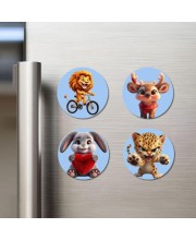 Lion, Deer, Rabbit, and Leopard. Fridge Magnets 4 Piece Set | 3 Inch Round Wall Fridge Decor (F23139)