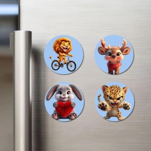 Lion, Deer, Rabbit, and Leopard. Fridge Magnets 4 Piece Set | 3 Inch Round Wall Fridge Decor (F23139)