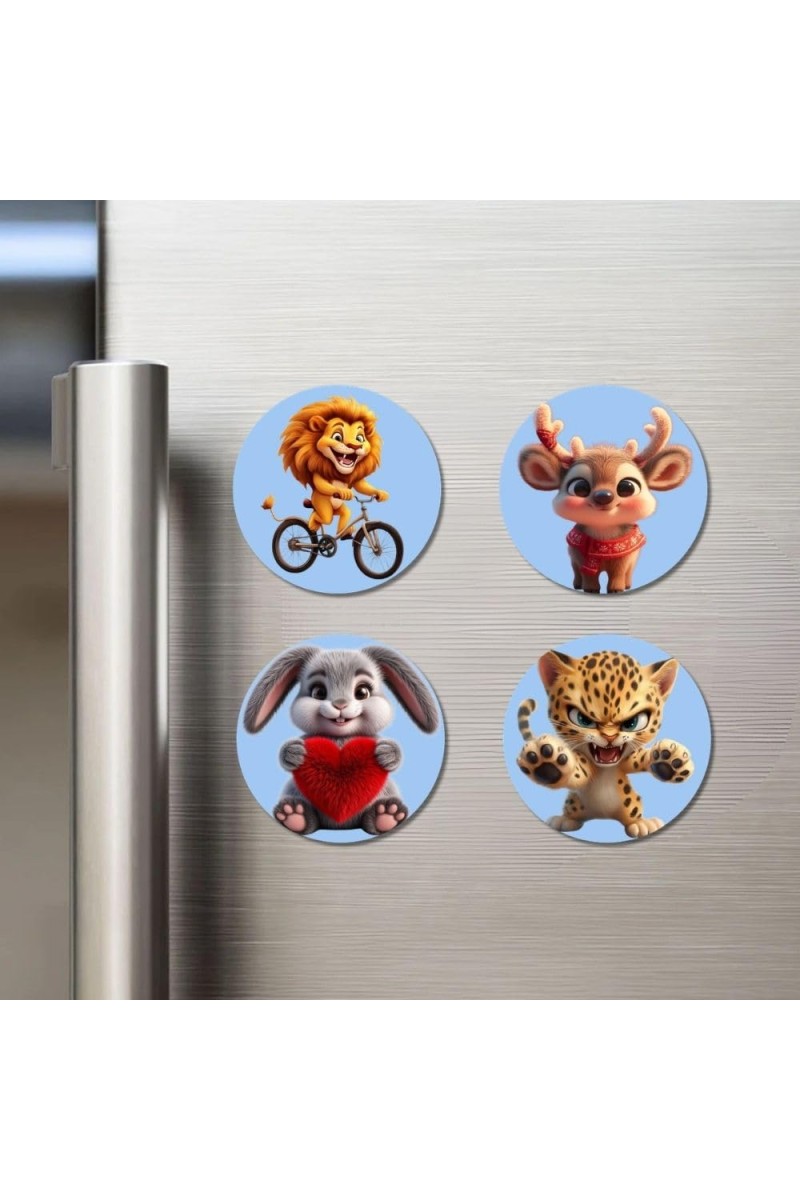 Lion, Deer, Rabbit, and Leopard. Fridge Magnets 4 Piece Set | 3 Inch Round Wall Fridge Decor (F23139)