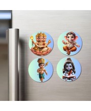 Brahma, Ganesha, Kartikeya, and Shiva. Fridge Magnets 4 Piece Set | 3 Inch Round Wall Fridge Decor (F22810)