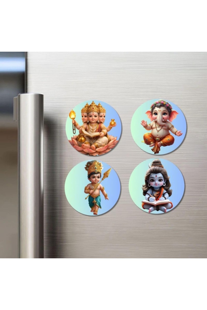 Brahma, Ganesha, Kartikeya, and Shiva. Fridge Magnets 4 Piece Set | 3 Inch Round Wall Fridge Decor (F22810)