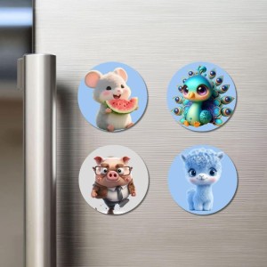 Mouse, Peacock, Pig, and Llama. Fridge Magnets 4 Piece Set | 3 Inch Round Wall Fridge Decor (F23143)
