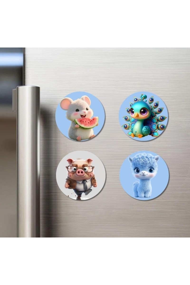 Mouse, Peacock, Pig, and Llama. Fridge Magnets 4 Piece Set | 3 Inch Round Wall Fridge Decor (F23143)