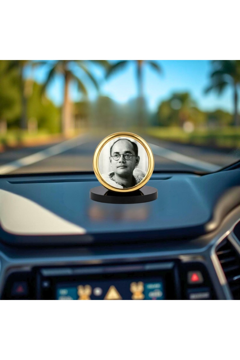 Car Desk/Table Top Netaji Subhas Chandra Bose Metal Golden Photo Stand 2x2 Inches, Compact & Stylish Spiritual Display for Car, Home & Office (Pack of 1) (F18528)