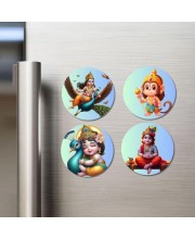 Kartikeya, Hanuman, and Krishna. Fridge Magnets 4 Piece Set | 3 Inch Round Wall Fridge Decor (F22819)