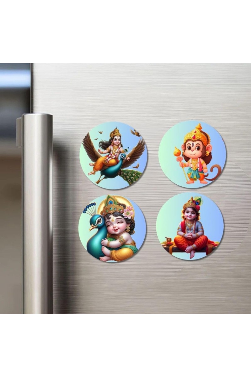 Kartikeya, Hanuman, and Krishna. Fridge Magnets 4 Piece Set | 3 Inch Round Wall Fridge Decor (F22819)