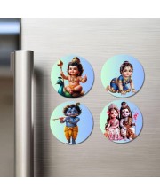 Kartikeya, Lakshmi, Krishna, Radha-Krishna Fridge Magnets 4 Piece Set | 3 Inch Round Wall Fridge Decor (F23174)