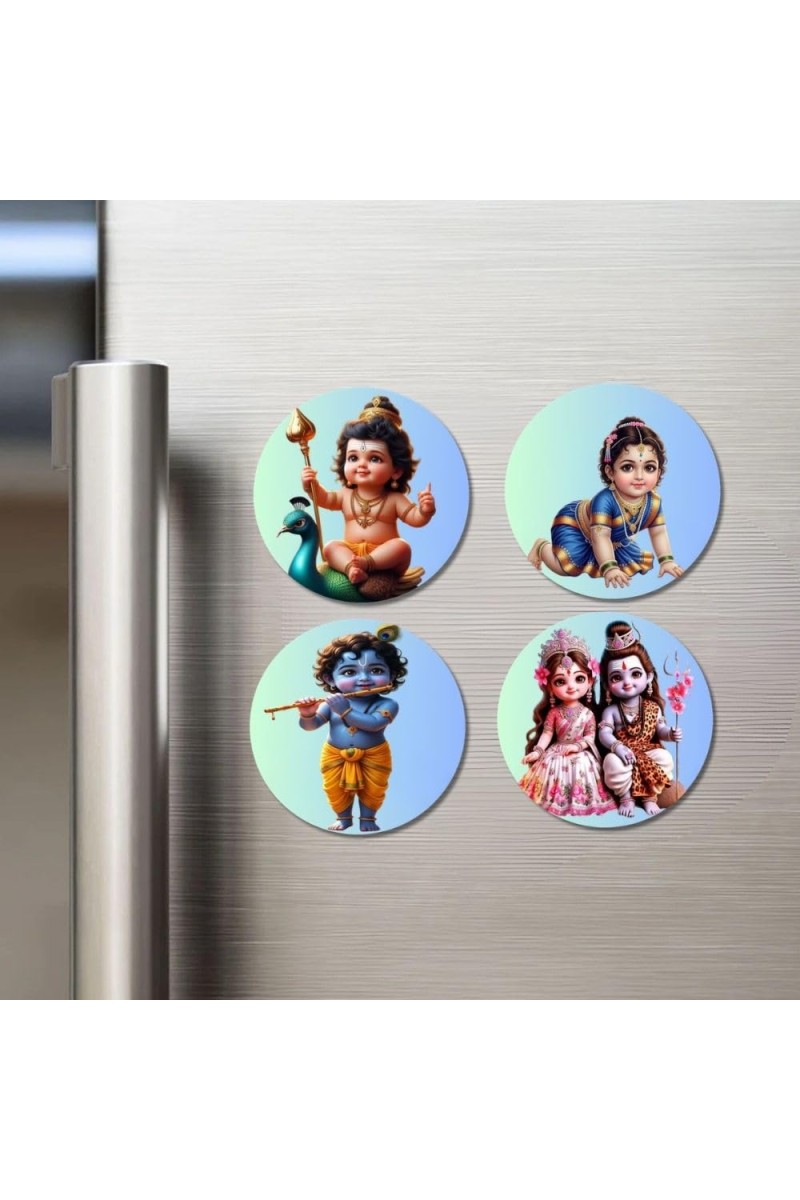 Kartikeya, Lakshmi, Krishna, Radha-Krishna Fridge Magnets 4 Piece Set | 3 Inch Round Wall Fridge Decor (F23174)