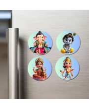 Ganesha, Krishna, Lakshmi, Hanuman Fridge Magnets 4 Piece Set | 3 Inch Round Wall Fridge Decor (F23226)