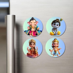 Ganesha, Krishna, Lakshmi, Hanuman Fridge Magnets 4 Piece Set | 3 Inch Round Wall Fridge Decor (F23226)