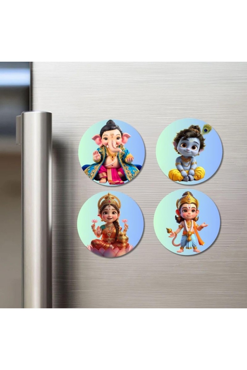 Ganesha, Krishna, Lakshmi, Hanuman Fridge Magnets 4 Piece Set | 3 Inch Round Wall Fridge Decor (F23226)