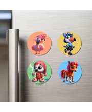Flamingo, Toucan, Parrot, Horse Fridge Magnets 4 Piece Set | 3 Inch Round Wall Fridge Decor (F23028)