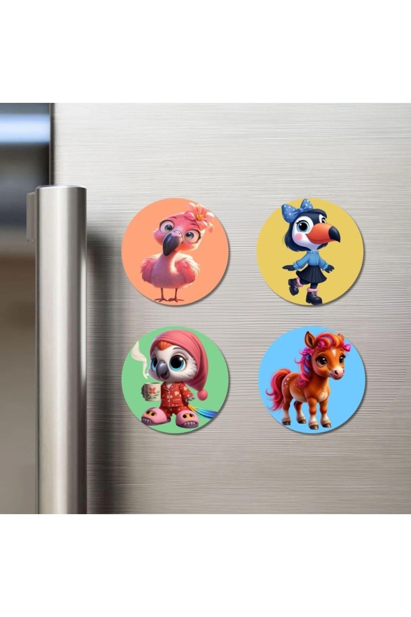 Flamingo, Toucan, Parrot, Horse Fridge Magnets 4 Piece Set | 3 Inch Round Wall Fridge Decor (F23028)