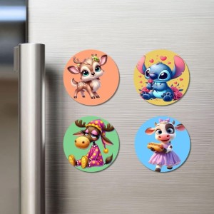 Deer, Alien, Moose, and Cow. Fridge Magnets 4 Piece Set | 3 Inch Round Wall Fridge Decor (F22951)