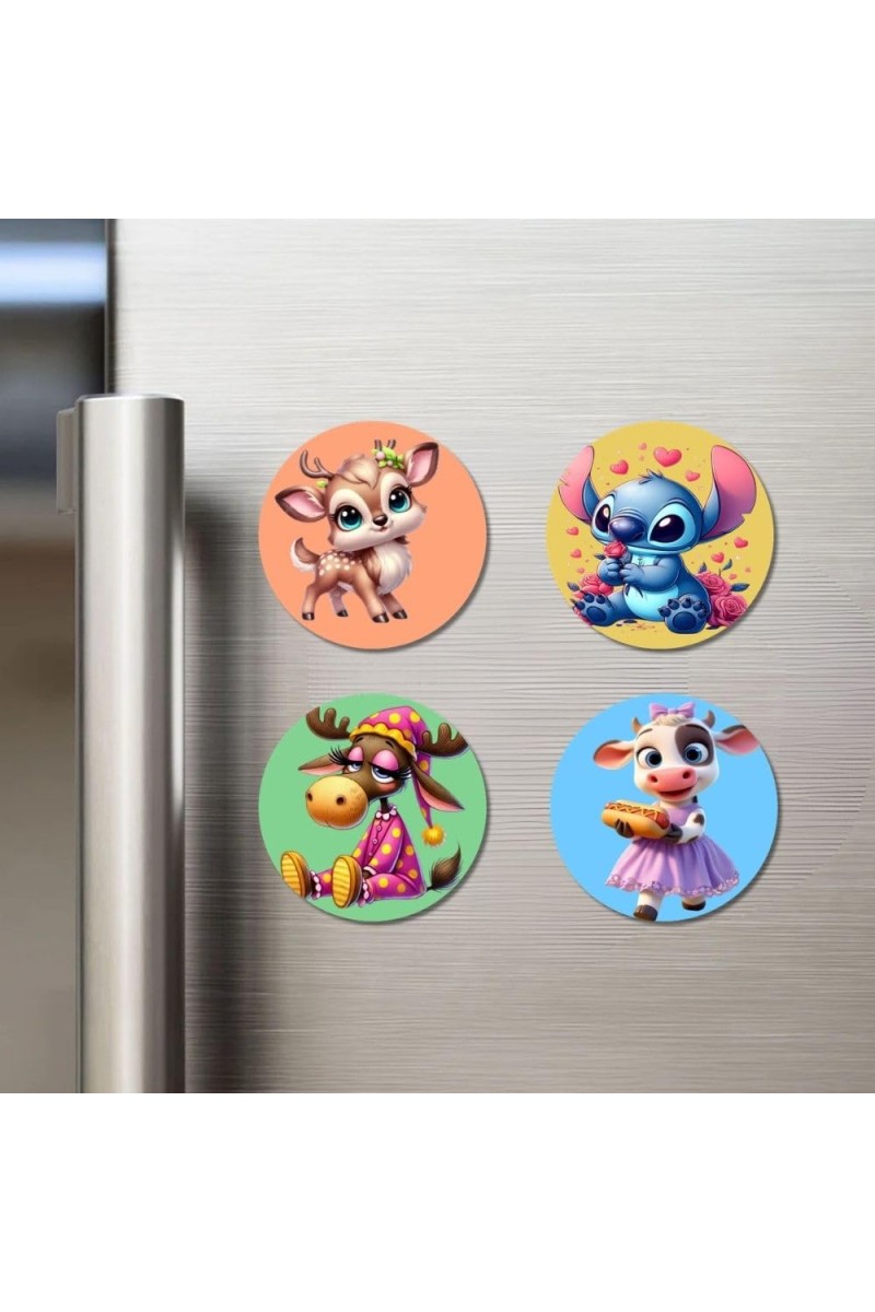 Deer, Alien, Moose, and Cow. Fridge Magnets 4 Piece Set | 3 Inch Round Wall Fridge Decor (F22951)